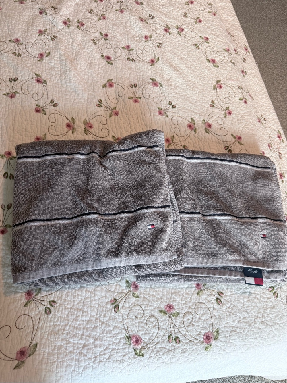 Tommy Hilfiger Gray Bath Towels with Navy & White Stripes